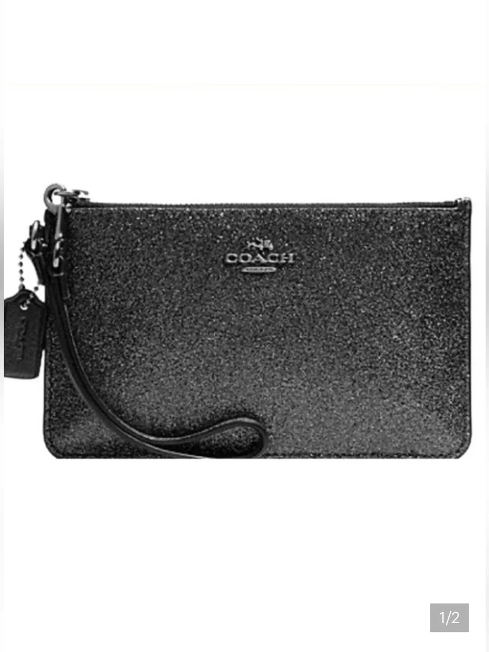Coach Black Glitter Wristlet Clutch with Silver Logo, strap and hangtag EUC